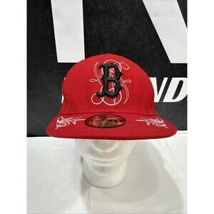 Boston Red Sox Tribal MLB Baseball New Era 59Fifty Fitted Hat 7 3/8 Red Flat Bil